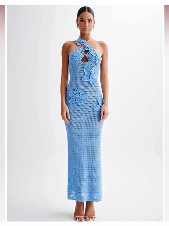 Meshki Dresses & Skirts - Meshki Sky-Blue Crochet Floral Halter Maxi Dress